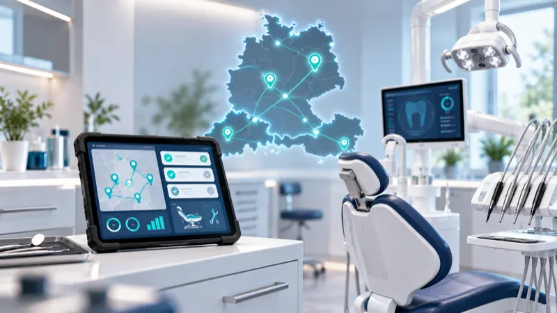 Field service technician with a tablet app in a modern dental practice