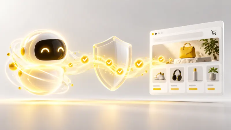 AI agent and online shop connected by a verified data stream through a protective shield