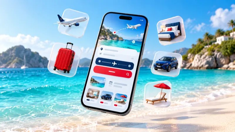 Smartphone with a flight booking app above a turquoise beach, surrounded by travel extras